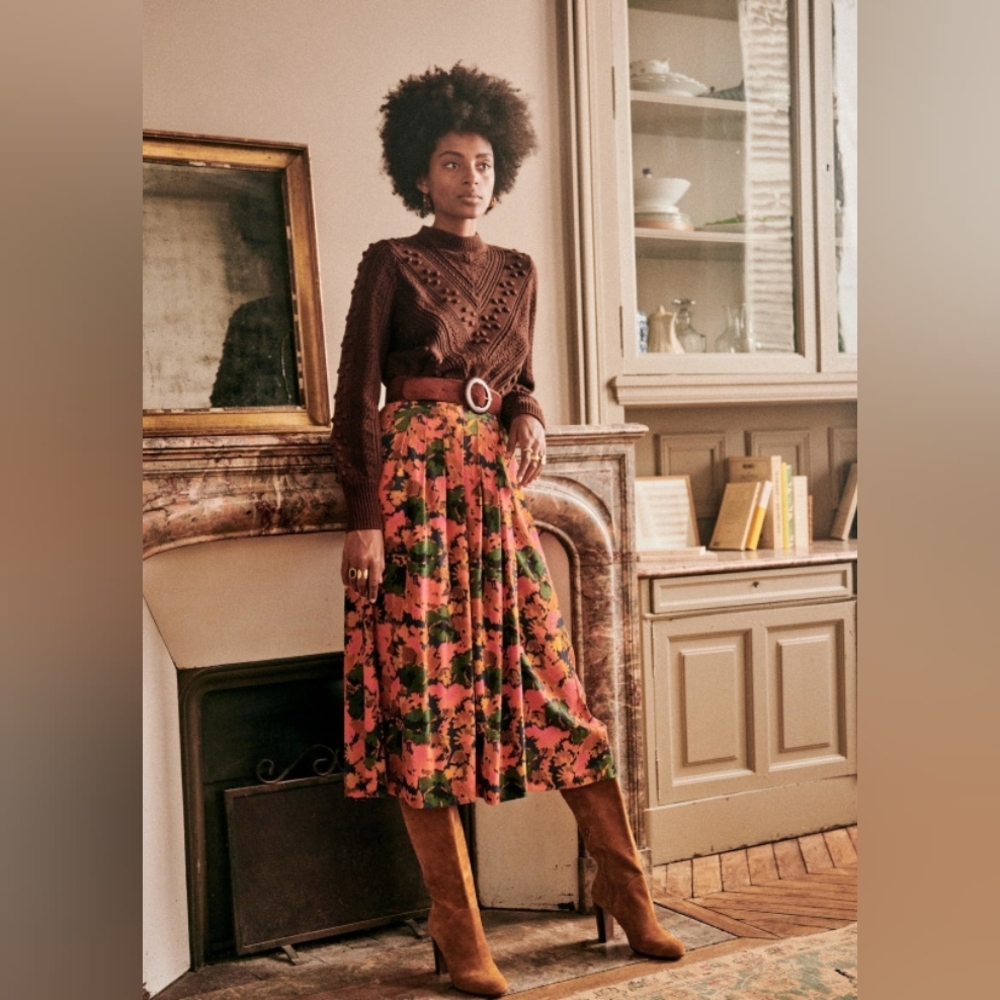 Sezane Alicia Floral Midi Skirt in Colorway ‘Paris Est Une Fete’ Pink & Green